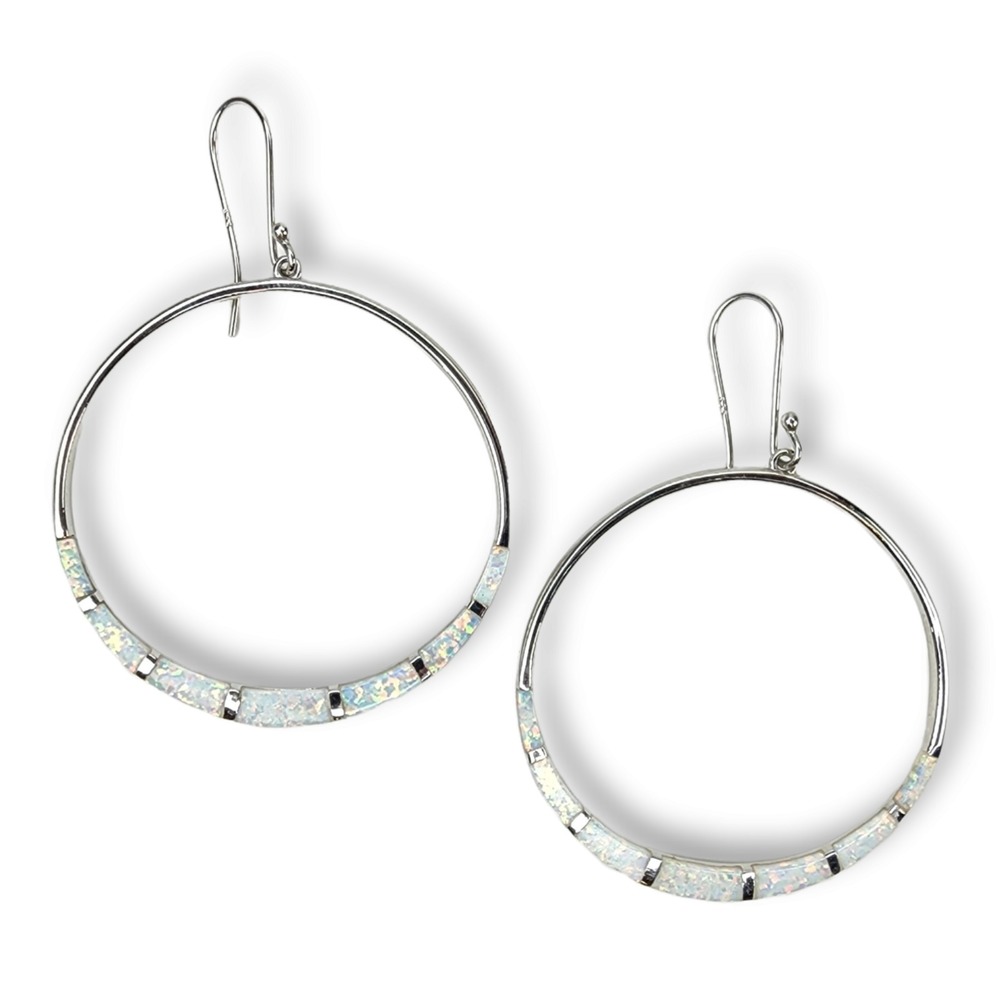 925 Sterling Silver Hoop Earrings Faux Opal Large Southwestern‎ Channel Inlay